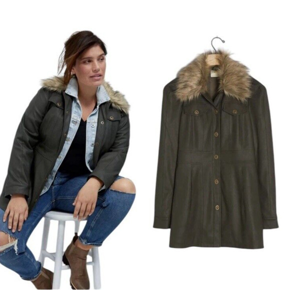 -Anthropologie Maeve Kellie Faux Leather Coat in‎ Green Size 16 Removeabl… - Picture 1 of 12